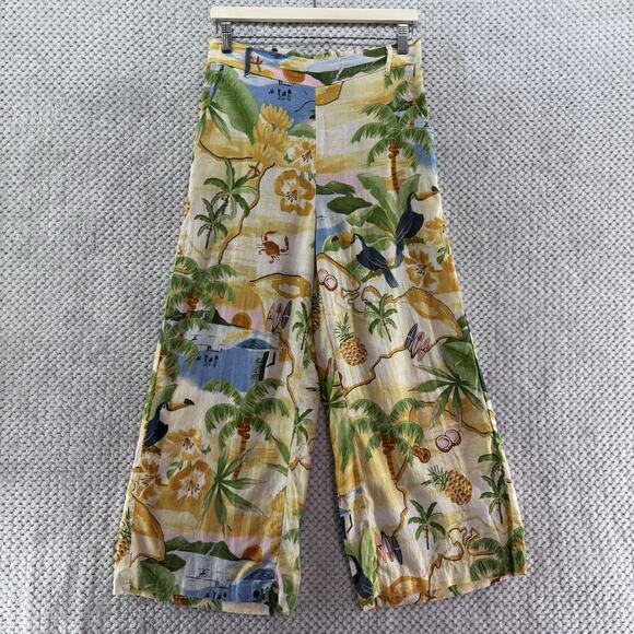 Rachel Zoe Pants S Yellow Linen Tropical Novelty Print PullOn High Rise Wide Leg - Picture 1 of 15